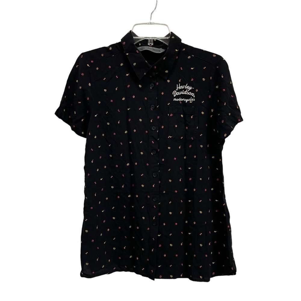 Harley Davidson Women's Black Short Sleeve Button Down Collar Shirt Top Size M - Picture 1 of 10